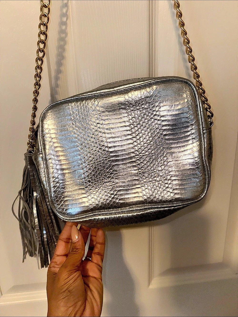 Victoria's Secret Silver Faux Snakeskin Crossbody Bag with Tassel